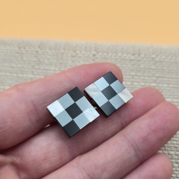 Black And Gold Checkered Shell And Onyx Cuff Links A5986 - Picture 2 of 6